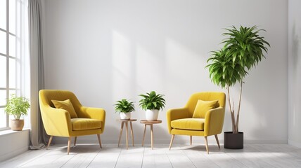 Living room interior wall mockup with yellow armchair and green plant in the pot on empty white wall background with shadows of window. 3d rendering