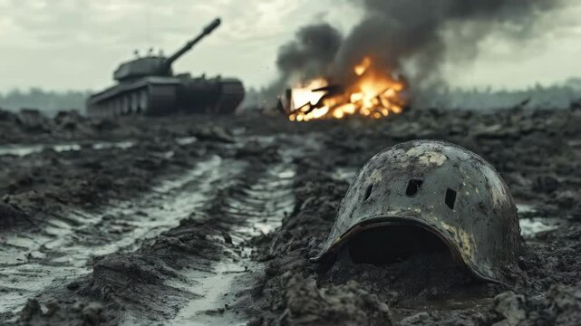 A lone battle-worn military helmet with burning tank in background under smoke-filled sky. Concept war, destruction, loss, and devastating consequences conflict.