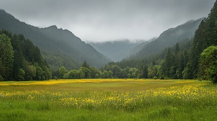 Serene Mountain Meadow Landscape with Yellow Wildflowers
