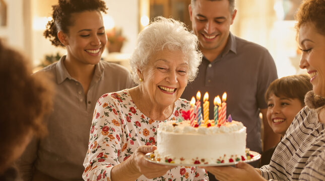 A joyful elderly woman celebrates her birthday surrounded by family, smiling as she receives a cake with lit candles.