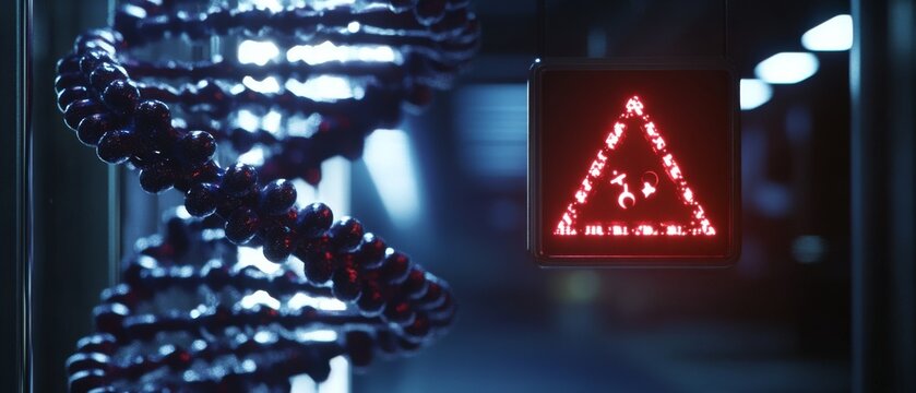A DNA chain emits an ominous red glow with a symbol indicating a biohazard, showcasing genetic danger. - Powered by Adobe