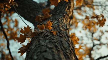 Autumn Leaves Adorn a Majestic Tree Trunk
