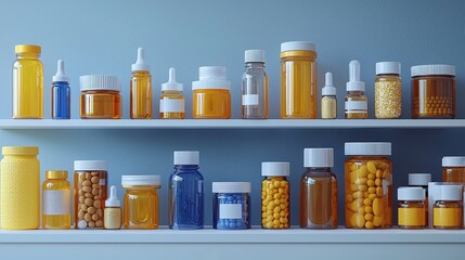 Medicine bottles and pills on a shelf