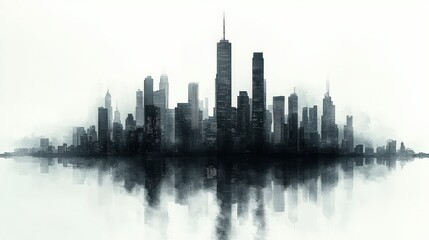 Fototapeta premium Silhouette of a city skyline reflected in calm waters, shrouded in misty atmosphere