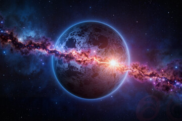 Obraz premium Vibrant cosmic landscape showcasing a glowing planet with stars, beauty of the universe
