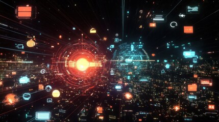 Interconnected digital world, network visualization with data flow concept