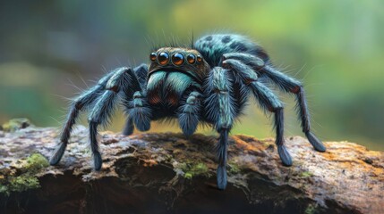 Closeup of a Blue Jumping Spider on a Forest Branch