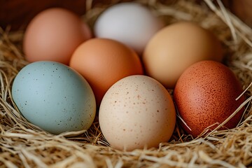Colorful eggs in hay nest, rustic setting