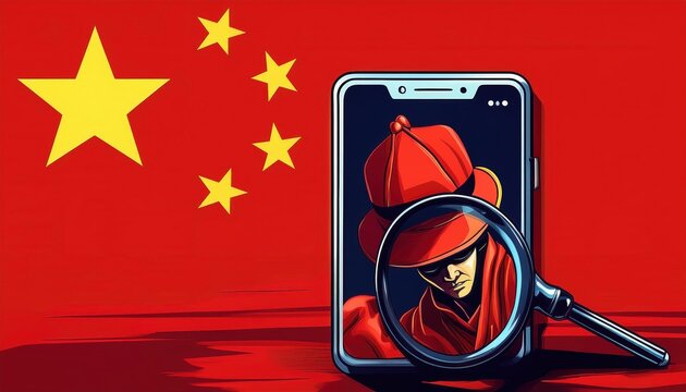 Silhouette of a Chinese spy emerging from a smartphone with red background and star symbols, conveying themes of surveillance and intrigue in modern society
