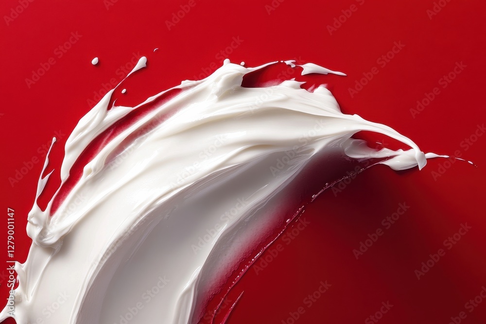 Poster cream swirls elegantly against a vibrant red background creating abstract textures in an artistic co
