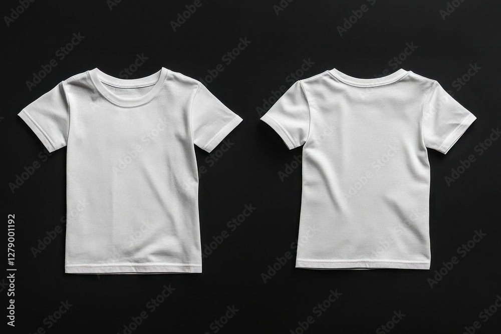 Poster plain white t-shirts displayed on a black surface, showcasing front and back views for apparel exami