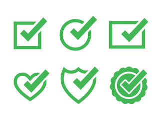 Green Check Marks, Circle Box Rectangle Heart Shield and Award Icons