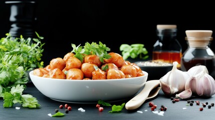 Indulge in culinary bliss with this tantalizing image showcasing A plate of spicy, aromatic food, rich with deep, smoky flavors and topped with fresh herbs, a feast for the eyes and the palate