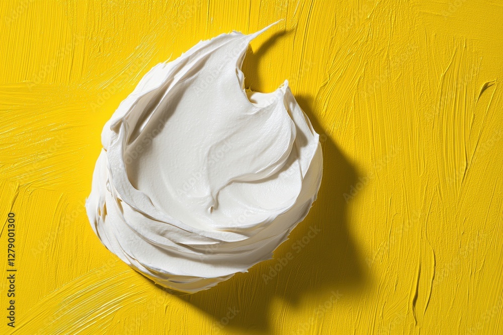 Poster swirls of white cream placed on a bright yellow textured surface create a striking contrast in color