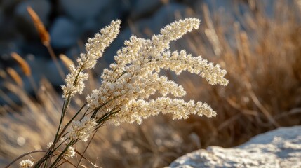 Naklejka premium A resilient plant emerges from rugged rocks, showcasing nature's persistence and adaptability in harsh environments.