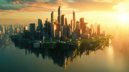 Fototapeta premium A futuristic cityscape situated on an island, surrounded by a flowing river, showcasing advanced architecture and urban planning.