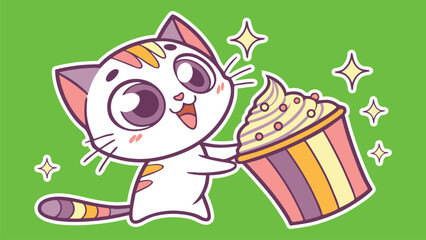 cute, cat, kawaii, adorable, cartoon, kitten, happy, smiling, playful, vector, illustration, digital, pet, feline, mascot, chibi, comic, sticker, animal, fluffy, sweet, bakery, cupcake, dessert, food,