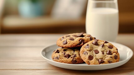 Indulge in the simple pleasures of life with this comforting image featuring a plate of warm, sweet chocolate chip cookies fresh from the oven, served with a glass of cold milk This high-resolution