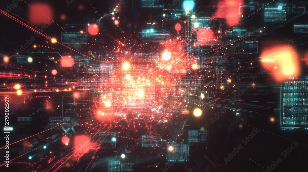 Poster abstract data visualization with glowing lines and geometric shapes