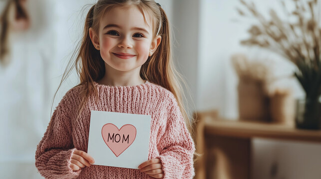 A Child's Love Note: A cute little girl beams with joy, holding up a handmade card for her mother. conveying the depth of a child's unconditional love.
