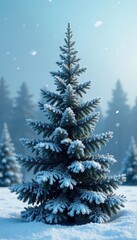 Fototapeta premium Blue spruce with delicate frost and winter sky, icy, tree