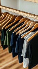 Obraz premium Close-up of colorful t-shirts hanging in a stylish retail setting, offering a clear space for logo or brand customization.