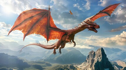 Fantasy dragon flying over a mountain range