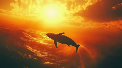 Whale Silhouette Leaping Sunset Ocean Scene