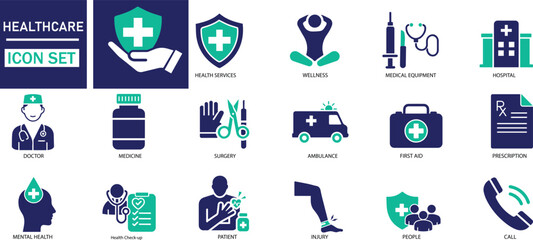 Healthcare icon set Health Services, Wellness, Medical Equipment, Hospital, Doctor, Nurse, Medicine, Surgery, Ambulance, Emergency, icons.