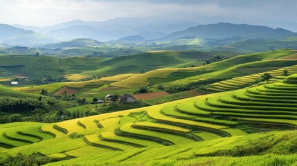 Fototapeta premium Lush green fields surround a quaint house, with a majestic mountain rising in the background, creating a serene rural landscape.