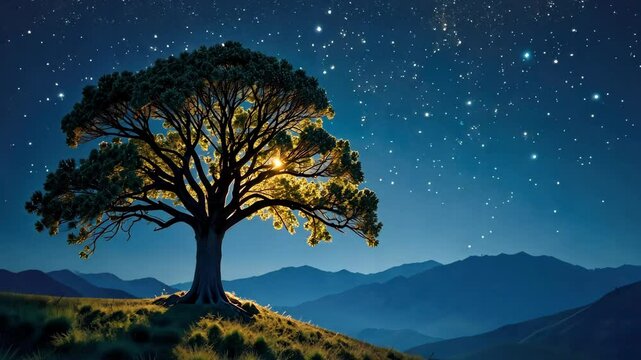 Night starfall against the backdrop of a lonely tree, moon and mountains