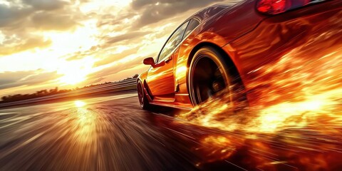 A breathtaking view of a speeding car on the highway at sunset.