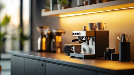 Modern kitchen with espresso machine and coffee accessories