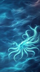 Obraz premium A mysterious, glowing creature swims through deep blue waters, surrounded by ethereal swirls of light, creating an enchanting underwater scene.