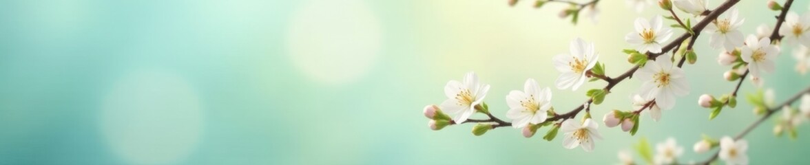 Fototapeta premium Delicate tree blossoms against a soothing blue beige green background with gentle white flowers on pastel hues, trees, nature, white