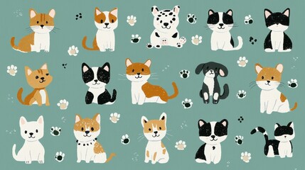 Colorful Cartoon Cats and Dogs with Paw Prints on Turquoise Background