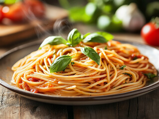 Close-up of Spaghetti with Basil on a Rustic Table