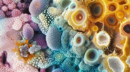 Close-up of colorful mold spores under a microscope, revealing their complex shapes and textures in detail
