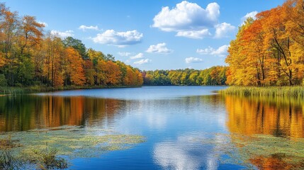 Fototapeta premium A serene lake features a boat gently floating, embraced by lush green trees that create a tranquil natural setting.