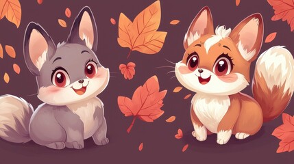 Fototapeta premium Cute Cartoon Animals with Colorful Leaves in Autumn Background