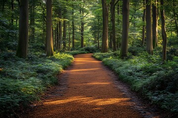 Fototapeta premium Sunlit Forest Path Winding Through Lush Green Trees