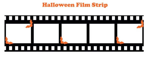 Vector Halloween black Film Strip with orange bats, creative frame for photos 