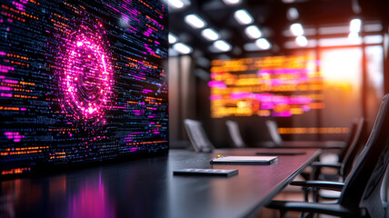 Futuristic Conference Room with Colorful Data Visualization Displays and Warm Sunset Atmosphere