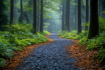 Obraz premium Serene Forest Path Winding Through Misty Woods