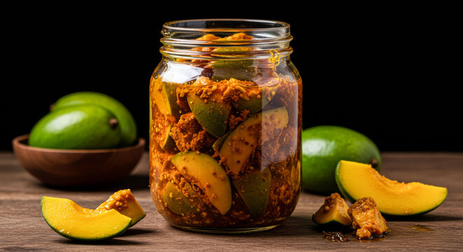 A jar filled with pickles is placed on a wooden table. Next to the jar, there is a bowl of sliced mangoes. Concept of abundance and freshness, as the pickles