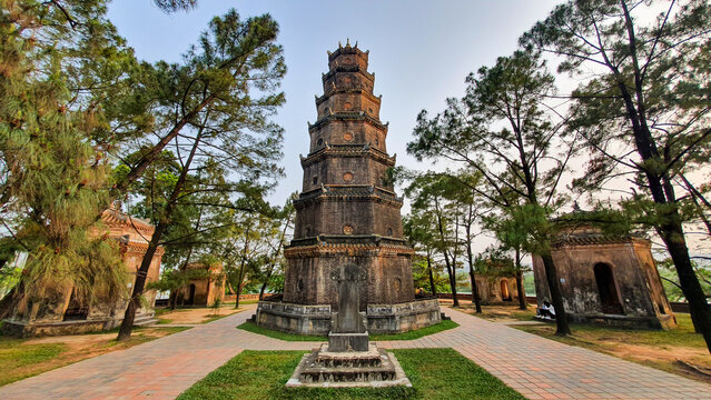 Hue, Vietnam - March 17, 2021 : Phuoc Duyen Tower In Thien Mu Pagoda (Also called Heavenly Lady Pagoda). Thien Mu Pagoda As Long Been One Of The Most Famous Destinations In Hue City.