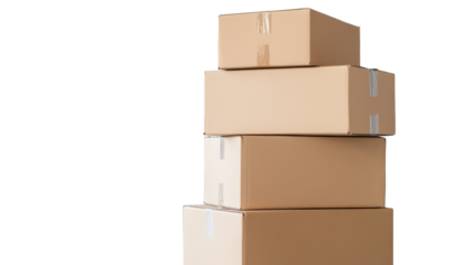 Four stacked brown cardboard boxes sealed with tape, ideal for packaging, shipping, delivery, moving, or storage purposes.