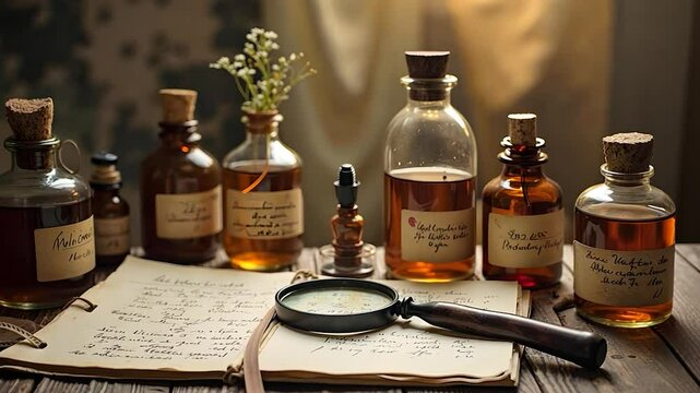 Vintage apothecary bottles with handwritten labels next to magnifying glass and ancient notes