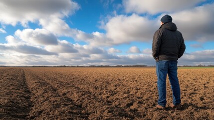 A man in a traditional attire stands contemplatively in a vast field, gazing at the freshly plowed land under a clear sky.