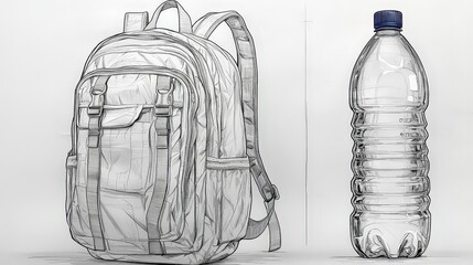 Outline Drawing of a Backpack and a Clear Water Bottle on a White Background